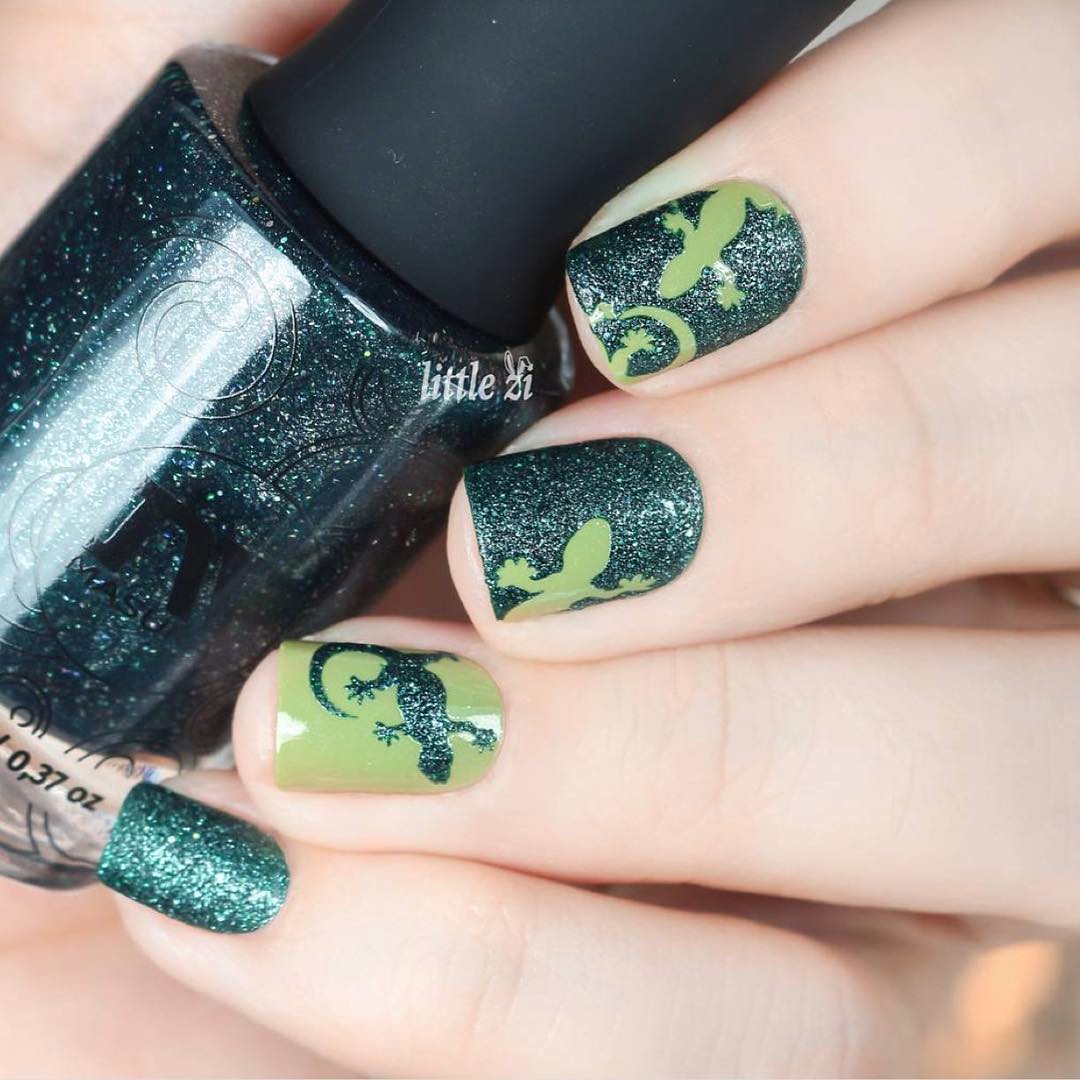 Playful Asymmetrical Green Stencil Nails